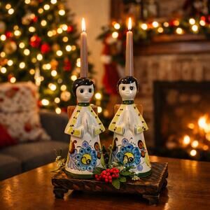 Set 2 Tonala Mexico Angel Candle Holders Vintage Hand Painted Ceramic Pottery